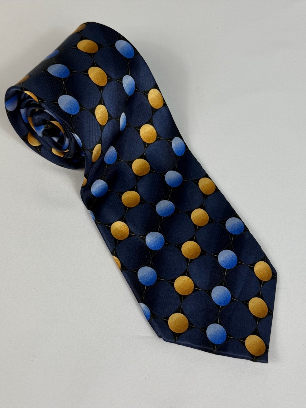 Navy Blue Gold Geometric Circle 100% Silk Extra Long Wide Necktie 62”
